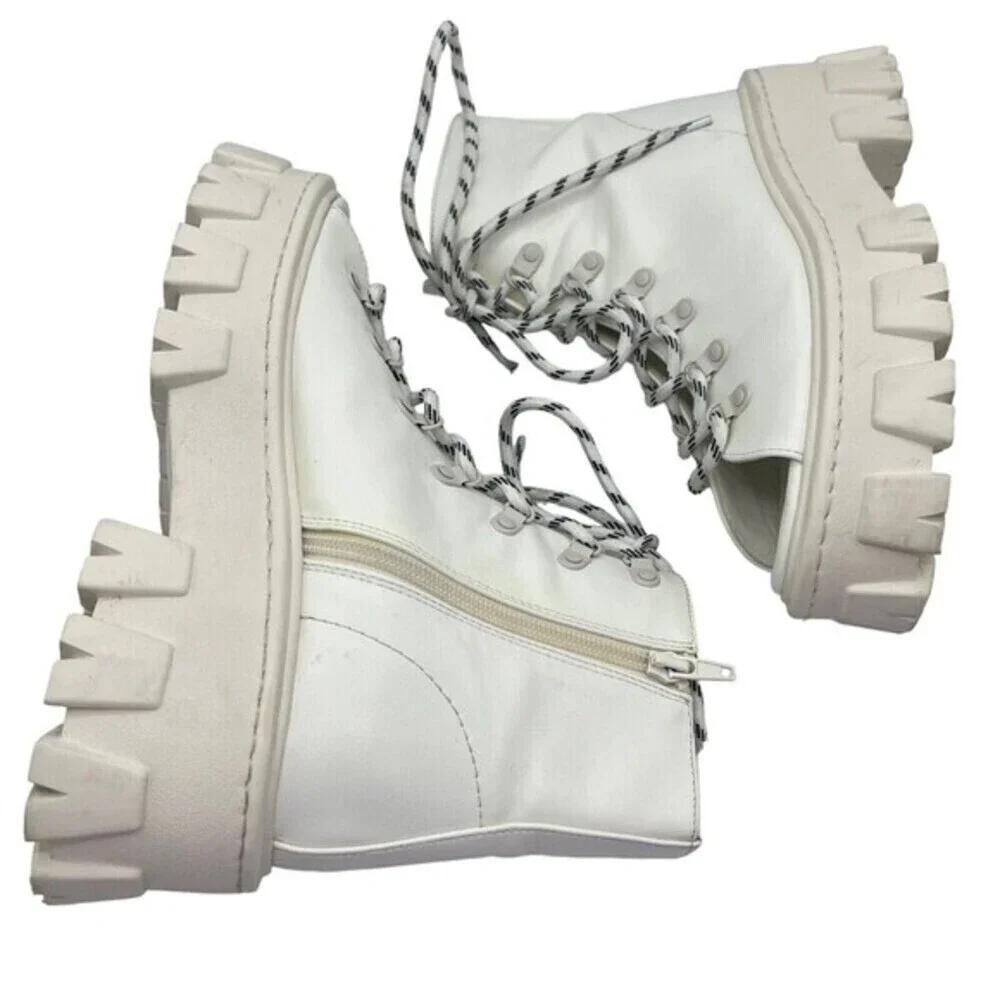 MOUSSY Lace Up Chunky Ankle Boots‎ Women's Size 7 White Open Toe Platform
